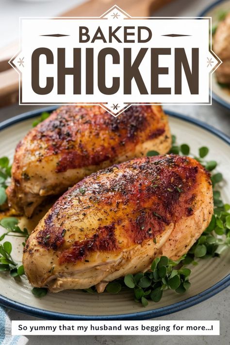 Two seasoned baked chicken breasts on a plate with greens, labeled "Baked Chicken". How To Cook Baked Chicken In Oven, Baked Stuffed Chicken Recipes, Oven Baked Chicken Pieces, Easy Baked Chicken Recipes Oven, Chicken Baked In Oven, Best Way To Bake Chicken, Bake Chicken In Oven, Chicken Oven Recipes, Chciken Recipe