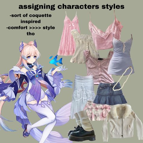 assigning characters styles: kokomi from genshin impact, coquette inspired. Kokomi Clothes Hcs, Kokomi Casual Cosplay, Kokomi Cosplay Outfit, Kokomi Inspired Outfits, Kokomi Outfit Ideas, Kokomi Casual Outfit, Clothing Hcs For Genshin Characters, Kokomi Headcanons, Kokomi Outfit