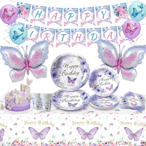 PRICES MAY VARY. Butterfly Birthday Party Decorations: This set of exquisite butterfly party supplies includes 10 sets of tableware (2pcs plates, 1pcs cups. 2pcs paper towels), 1pcs butterfly style tablecloth, 1pcs happy birthday banner, 24pcs 12'' butterfly pattern printed balloons, 2pcs butterfly foil balloons, 10pcs cake toppers. This rich set of party decorations can make your party look beautiful. Beautifully Designed: All products are carefully designed. The tableware, tablecloths, and bal Butterfly Theme Birthday Party, Butterfly Theme Birthday, Butterfly Birthday Decorations, Butterfly Birthday Party Decorations, Butterfly Birthday Theme, Balloons Cake, Butterfly Patterns, Golden Cake, Butterfly Birthday Party