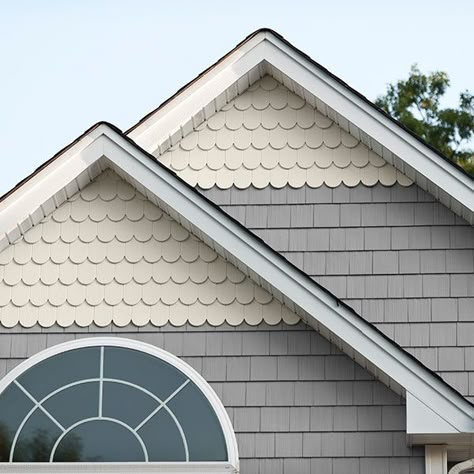 Scalloped Siding Gable, Scalloped Trim House Exterior, Scallop Siding Exterior, Fish Scale Siding Exterior, Scalloped Siding Exterior, Vinyl Siding Ideas Exterior, House Trim Exterior, Georgia Pacific Vinyl Siding, Dutch Lap Vinyl Siding