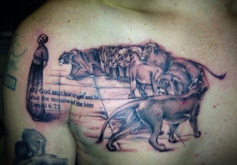 Daniel in the Lions Den. Daniel 6:22. Done by Chelsea Louise Smith at the Chelmsford Tattoo Company Daniel And The Lions Den Tattoo, Daniel Lions Den Tattoo, Daniel In The Lions Den Tattoo, Lions Den Tattoo, Daniel In The Lions Den, Daniel Tattoo, Phoenix Tattoo For Men, Daniel In The Lion's Den, Daniel And The Lions