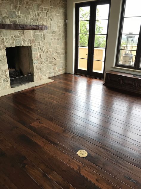 Hand scalloped Black Walnut floors by Artizen Floor Corp Montecito CA Wood Flooring Ideas Dark, Black Walnut Floors, Moody Flooring, Dark Walnut Floors Living Room, Walnut Floors Living Room, House Flooring Ideas, Hardwood In Kitchen, Dark Walnut Floors, Dark Brown Wood Floors