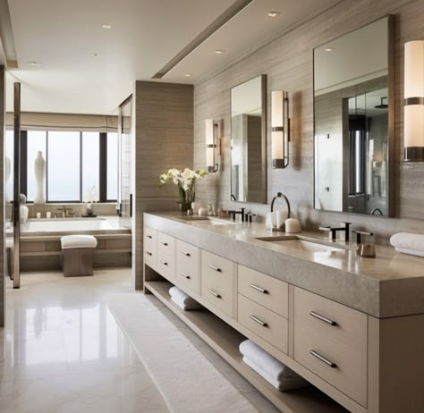 Long Vanity Bathroom, Extra Large Bathroom Vanity, Earth Tone Master Bath, Big Sink Bathroom, Owners Suite Bathroom, Luxurious Master Bath, Primary Bathroom With Makeup Vanity, Master Bath Double Vanity With Tower, Giant Master Bath