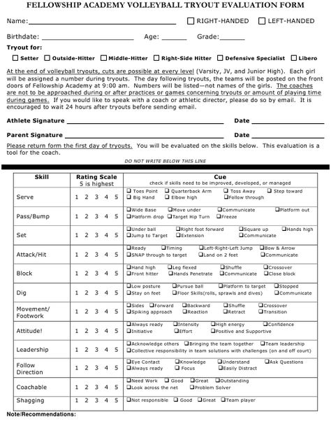 Volleyball Tryout Evaluation Form - Fellowship Academy Download Printable PDF | Templateroller Volleyball Stat Sheet Printable, Softball Tryout Evaluation Form, Volleyball Tryout Drills For Coaches, Club Volleyball Tryout Tips, Volleyball Tryouts Checklist, Volleyball Tryout Evaluation Form, Volleyball Awards, Volleyball Banquet, Varsity Volleyball