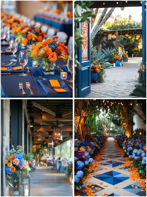 Orange Blue Color Scheme, Royal Blue And Orange Wedding Theme, Citrus And Blue Wedding, Blue And Orange Wedding Theme, Orange Wedding Theme, Blue And Orange Wedding, Royal Blue And Orange, Orange Wedding Themes, Wedding Theme Ideas