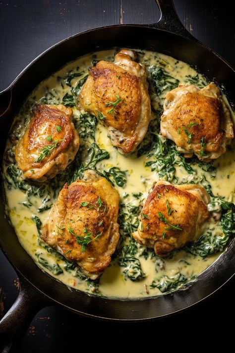 Delicious Keto Chicken Thighs with Creamy Spinach Sauce: A Low-Carb Recipe Guide #ketodiet #ketorecipes #lowcarb Chicken And Spinach Keto Recipes, Chicken Thigh Recipes Keto Low Carb, Chicken Thighs Spinach Recipes, Chicken Thighs Keto Recipes, Chicken Thigh And Spinach Recipes, Low Carb Chicken Thigh Recipes Crockpot, Keto Recipes With Spinach, Chicken Thigh Keto Recipe, Keto Chicken Thighs Boneless