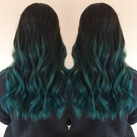 Teal Hair Balayage, Brown Hair Teal Tips, Teal Balayage Hair, Smoky Teal Hair, Dark Teal Hair Ombre, Torquise Hair, Green Balayage Hair, Teal Hair Ombre, Black And Teal Hair