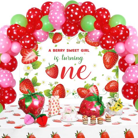 Strawberry Backdrop, Berry First Birthday Party, Strawberry 1st Birthday, First Birthday Decor, Custom Birthday Banners, Berry First Birthday, Strawberry Birthday, Strawberry Decorations, First Birthday Party Decorations