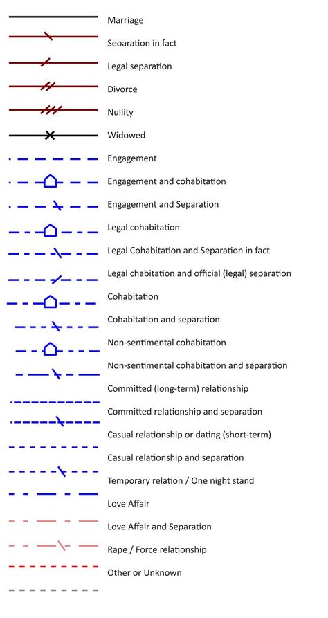 This is the genogram key. Squares represent men and circles represent females in genograms. If you're not sure how to put people in complicated family situations, such as a divorced or split family, it's always a good idea to chat with them personally and learn about their key life events. Click here to get this genogram key template and create your own one. Genogram Example, Family Relationship Chart, Family Genogram, Bullet Journal Bookshelf, Genogram Template, Key Template, Key Symbol, Legal Separation, Relationship Chart