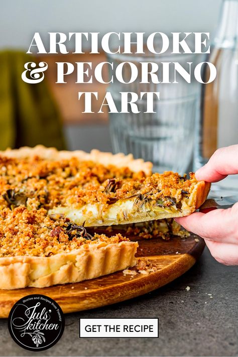 A person slicing a piece of artichoke tart to be served with text "Artichoke and Pecorino Tart, get the recipe." Artichoke Tart Recipe, Artichoke Tart, Spring Tart, Easter Pie, Tuscan Recipes, Spring Recipe, Pie Crumble, Winter To Spring, Savory Tart