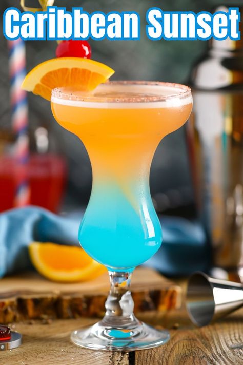 Transport yourself to a sun-drenched paradise with our Caribbean Sunset cocktail. This vibrant libation captures the essence of tropical bliss, blending vodka, coconut rum, blue curacao, and orange juice into a symphony of flavors. Royal Drink, Cocktails With Blue Curacao, Caribbean Cocktails, Shots Alcohol Recipes, Tropical Drink Recipes, Crown Royal Drinks, Fruit Facts, Caribbean Sunset, Sunset Cocktail