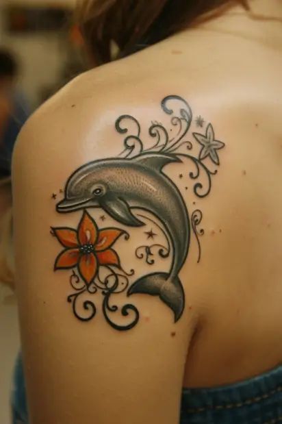 dolphin tattoo ideas 19 Turtle Dolphin Tattoo, Dolphin And Flower Tattoo, Dolphin Tattoo For Women, Tattoos Dolphin, Dolphin Tattoo Ideas, Tattoo Dolphin, Seahorse Tattoos, Tattoo Coverups, Tropical Flower Tattoos