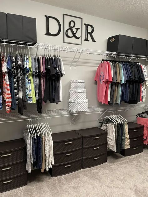 Two Rack Closet Organization, Cheap Easy Closet Organization, Cabinet Organization Ideas Bedroom Master Closet, How To Organize Your Closet With Wire Racks, Master Closet Wire Shelving Walk In, Budget Friendly Closet Organization, Turn A Room Into A Closet On A Budget, Walk In Closet Organization Ideas Budget, Poshmark Room Ideas