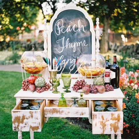 A vintage dresser is a pretty way to set up a serve yourself beverage bar.  Credit: vintagewhitesblog.com #beveragebar #vintagedresser #reception #vintageweddings Beverage Stations, Wedding Seating Signs, Vintage Wedding Reception, Drink Stations, Fruit Wedding, Sandwich Bar, Seating Sign, Wedding Reception Food, Reception Food