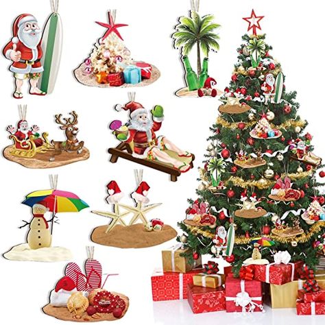 AmazonSmile: 32 Pieces Beach Style Christmas Tree Wood Ornaments Decorations Starfish Couple Santa Decorating Tropical Island Palm Tree Beer Bottles Elk Surfboard Sand Beach Hanging Ornaments for Xmas Tree Decor : Home & Kitchen Tropical Christmas Decorations, Tropical Christmas Ornaments, Christmas Tree Wood, Beach Christmas Trees, Beach Christmas Decorations, Beach Christmas Ornaments, Xmas Tree Decor, Wooden Christmas Tree Decorations, Hawaiian Christmas