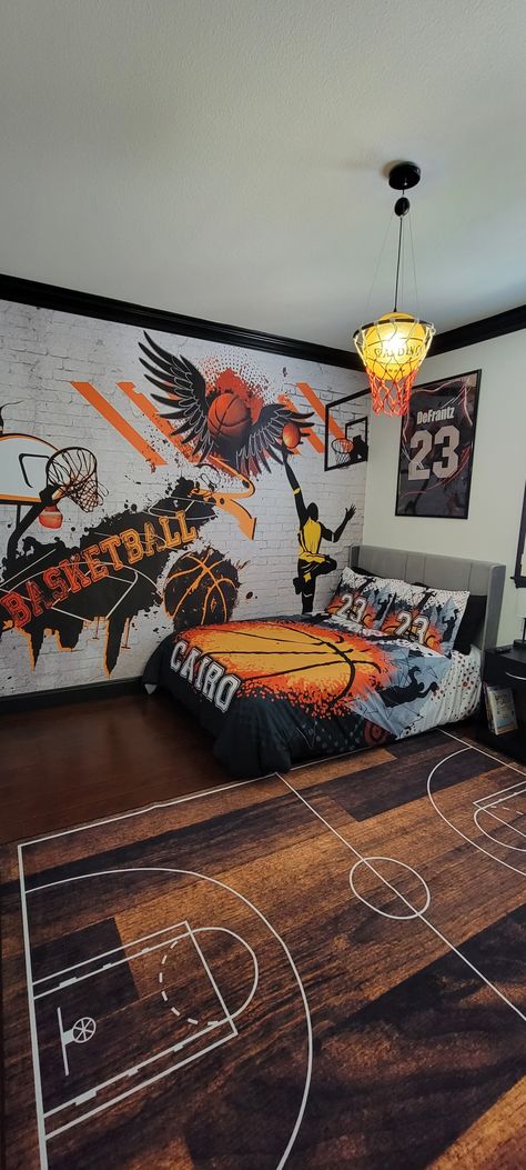 Basketball room Basketball Gaming Room, Kids Basketball Room, Basketball Bedroom Ideas Boys, Basketball Room Ideas For Boys, Basketball Bedroom Ideas, Basketball Room Ideas, Locker Room Bedroom, Basketball Themed Room, Boys Basketball Room