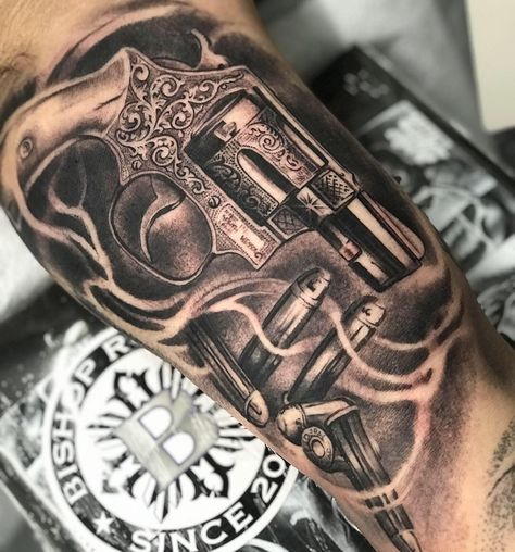 Mark Merino on Instagram: “38. revolver , fun project . For booking email/markmerino75@yahoo.com or call/txt 909-844-0011 for inquiry 👍🏻 .  #markmerinoart…” Western Revolver Tattoo, Western Card Tattoo, Selena Tattoo, Revolver Tattoo, Texas Tattoos, Forearm Band Tattoos, Sleeve Ideas, Rose Tattoo Design, Card Tattoo