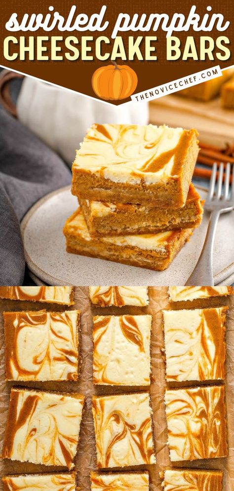 Swirled Pumpkin Cheesecake Bars, thanksgiving desserts, holiday baking recipes Pumpkin Cheesecake Swirl Bars, Pumpkin Deserts Easy, Pumpkin Cheesecake Bars Easy, Swirled Cheesecake, Pumpkin Cream Cheese Bars, Cheesecake Topping, Cheesecake Bars Easy, Bars Dessert, Pumpkin Treats