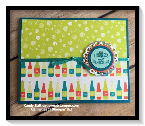 Bubbles & Fizz Designer Series paper is FREE as well as fresh and bright! Details on my blog. Bubbles And Fizz Stampin Up Cards, Bubble Bottle, Dsp Cards, Dry Humor, Designer Series Paper, Die Cut Cards, Heartfelt Creations, Fun Craft, Pop Bottles