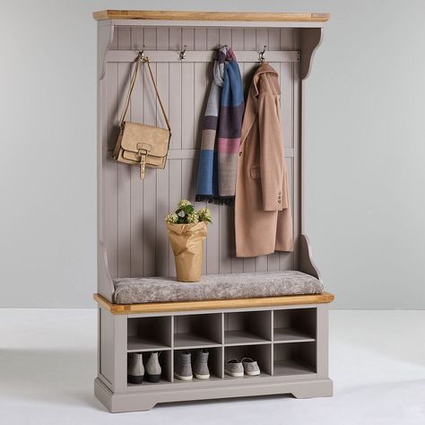 Grey Hallway Stand | Grey Hall Tidy - Truffle Fabric | Oak Furnitureland Coat Hooks And Shoe Storage, Hallway Seating Ideas, Shoe And Coat Storage Entryway, Hallway Coat And Shoe Storage, Coat Stand Hallway, Coat Hooks Hallway, Coat Cupboard, Cottage Hallway, Painted Hallway