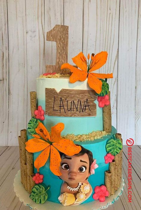 2 Tier Moana Birthday Cake, Moana Cakes Ideas, Moana First Birthday Cake, Birthday Cake Moana, Moana Themed Birthday Cake, Moana Birthday Theme Ideas, Moana 1st Birthday Cake, Moana Fondant Cake, Moana Birthday Party Ideas Cake