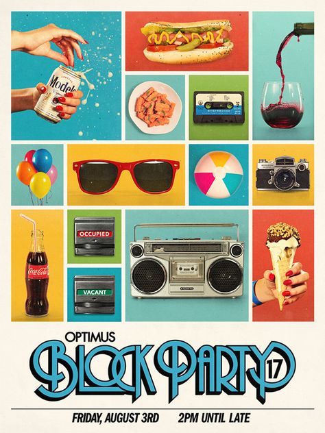 Optimus Block Party 17 on Behance Party Poster Design, Summer Block Party, Loud Music, Bloc Party, Super Party, Food Summer, Poster Inspiration, Poster Design Inspiration, Poster Layout