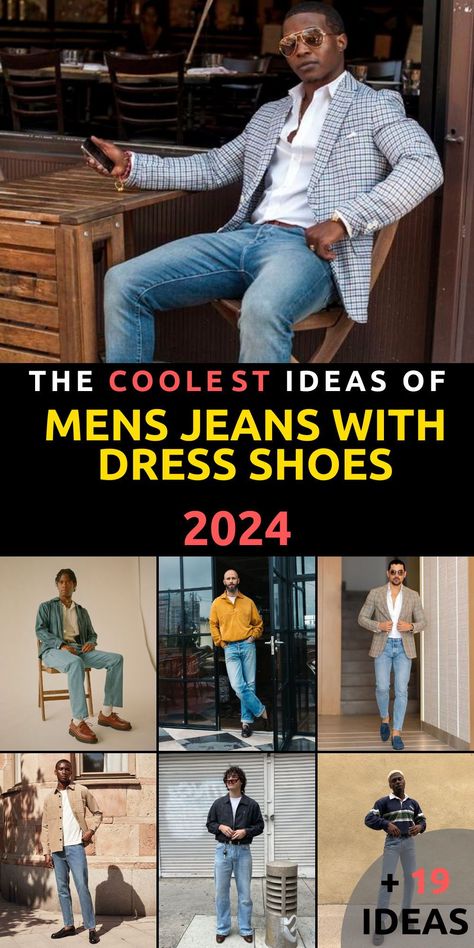 Discover timeless style for modern men with our curated collection of mens jeans with dress shoes outfits for 2024. Whether you're dressing for a night out or a day at the office, these versatile ensembles are sure to impress. Pair your favorite jeans with sleek black or stylish brown dress shoes for a sophisticated look that never goes out of style. Elevate your wardrobe and make a statement with our curated collection of outfits for the fashion-forward gentleman. Men’s Casual Dress Outfits With Jeans, Denim Formal Outfit, Black Shoes With Jeans, Stylish Men Casual Modern Gentleman, Mens Dress Jeans, Dress Shoes With Jeans, Blue Shoes Outfit, Mens Dark Jeans, Black Shoes Outfit