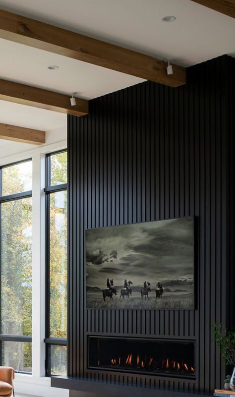 How To Make Fireplace Look Bigger, Electric Fireplace Ideas Black, Black Fluted Fireplace, Living Room Tv Fireplace Wall, Black Modern Fireplace, Tv Wall With Fireplace Modern, Diy Electric Fireplace Wall, Wall Mounted Tv Ideas, Black Fireplace Wall