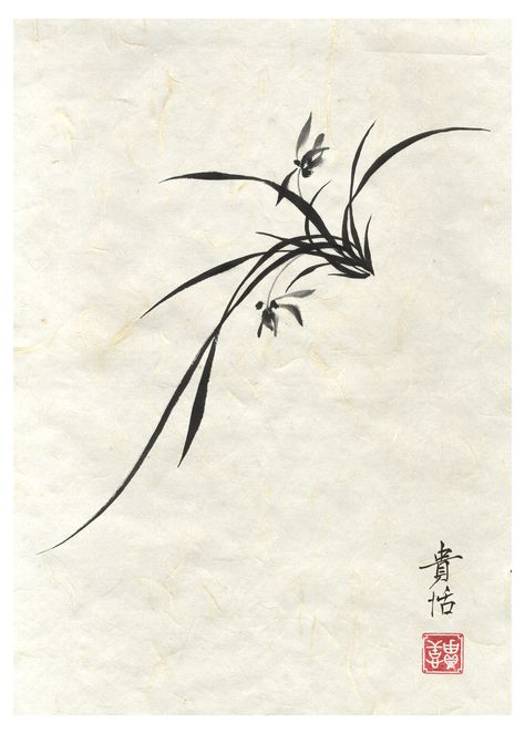 Orchid Chinese Painting, Chinese Orchid Tattoo, Japanese Orchid Tattoo, Japanese Orchid, Sumi Art, Chinese Orchid, Chinese Painting Flowers, Japanese Ink Painting, Orchid Print