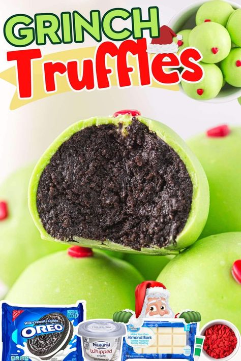 Grinch Christmas Truffles are easy-to-make Oreo balls that upgrade the classic sandwich cookie into an indulgent candy-coated confection with only 5 ingredients. This no-bake Oreo truffle recipe resembles a bite-sized cheesecake but is prepared simply with a crushed cookie and cream cheese center that’s covered in Grinch-green almond bark and adorned with a red heart. Grinch Oreo Balls, Grinch Balls, Christmas Oreo Balls, Holiday Deserts, Candy Homemade, Oreo Truffle, Grinch Movie, Oreo Truffles Recipe, Grinch Tree