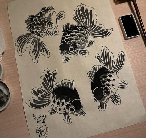 Goldfish Tattoo Black And White, Tattoo Sleeve Neo Traditional, Japanese Black Cat Tattoo, Traditional Ghibli Tattoo, Japanese Alligator Tattoo, Trad Fish Tattoo, Coral Fish Tattoo, Onryō Tattoo, Parrot Fish Tattoo