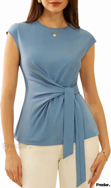 Irregular Short Sleeve Blouse with Bow-Tie Straps and V-neck Blouse With Bow, Cap Sleeves Blouse, Tunic Tops Casual, Casual Tunics, Cap Sleeve Top, Elegant Blouses, Solid Color Shirt, Work Blouse, Dressy Casual