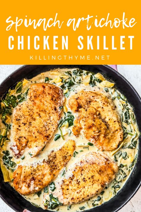 This easy creamy spinach artichoke chicken skillet recipe brings your favorite appetizer to your dinner plate for a tasty weeknight option.#chickendinner #chicken #spinachartichoke #spinach #artichoke Creamed Spinach Chicken, Lentil Recipes Crockpot, Creamy Spinach Artichoke Chicken, Lentils Recipes, Lentil Recipes Easy, Lentil Recipes Healthy, Legumes Recipes, Shrimp Appetizer Recipes, Recipe Mushroom