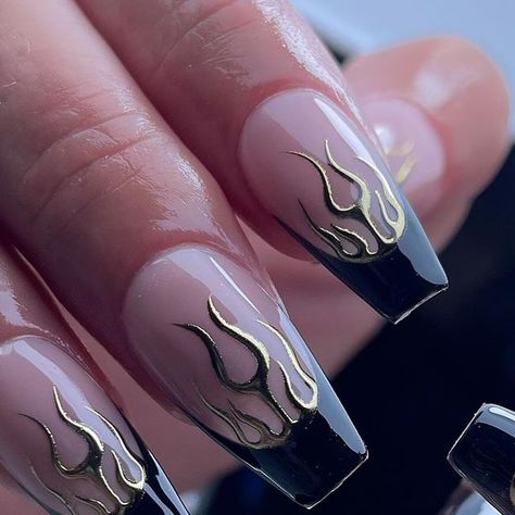 Rebecca - Droitwich Nail Artist on Instagram: "🫧 Can’t go wrong with a classic French with added flames 🔥  🛍️ @_dontbeordinary_ ‘COVEN10’ ��📍 Droitwich High Street  #droitwich #nails #nailtech #nailtechnician #nailextensions #extensions #acrylic #acrylicnails #gel #gels #gelnails #glitter #candycoat #showscratch #bluesky #holographicnails #chrome #chromenails #nailart  #nailart #witchynails #HBAFINALIST24 #beauty #nailitdaily #HBAFEATURED24 #showscratch #nailsonfleek #worcestershire #goldflamenails #flamenails" Chrome Flame Nails Designs, Nail Flames, Chrome Flame Nails, Flames Nails, Flame Nails, Witchy Nails, Holographic Nails, Nail Technician, Nail Extensions