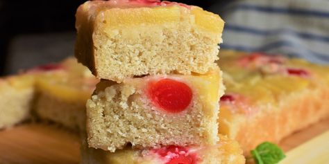 Pineapple Upside Down Bars Pineapple Upside Down Bars, Pineapple Dessert, Baked Dessert, 5 Ingredient Dinners, Protein Nutrition, Pineapple Upside, Pineapple Upside Down Cake, Pineapple Upside Down, Cake Bars