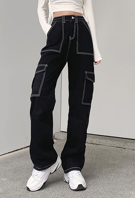 ⚡️Free Shipping Pocket Stitched High Waist Cargo Jeans Black S under $38.99 in Jeans. ✓2024 Holiday Sale at Another Chill. ✓Free Shipping on all orders over US$69 Cargo Jeans Black, High Waisted Baggy Jeans, Y2k Trousers, Jeans Online Store, Mode Zara, Baggy Cargo Pants, Cargo Pants Outfit, Bodycon Floral Dress, Jeans Cargo