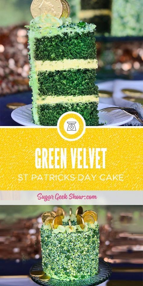 St. Patrick's Day Cake (green velvet cake) + tutorial | Sugar Geek Show Green Sprinkle Cake, St Patricks Day Cake, Green Velvet Cake, St Patricks Day Cakes, Sugar Geek, Velvet Cakes, Irish Party, Cake Custom, St Patricks Day Food