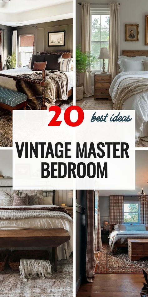 Ready for a bedroom makeover? Discover how to blend modern design with vintage charm in these 20 Vintage Master Bedroom ideas. From the warm allure of Benjamin Moores vintage hues to the rustic elegance of farmhouse decor, learn how to create a suite thats both inviting and infused with history. Bedroom With Vintage Furniture, Master Bedrooms Classic, Mom Bedroom Ideas Decor, Vintage Master Bedrooms Decor, Romantic Vintage Bedroom Ideas, Modern Cottage Bedroom, Traditional Bedroom Design, Vintage Inspired Bedroom, Bedroom Makeover Ideas