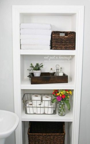 Interior Farmhouse, Bathroom Storage Shelves, Bathroom Closet, Room Shelves, Planter Ideas, Small Bathroom Storage, Laundry Room Storage, Trendy Bathroom, Joanna Gaines