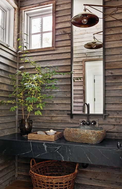 A Rustic Retreat by Architect Joel Kelly and Wyeth Ray Interiors - Southern Home Magazine Mountain Bathroom, Moody Powder Room, Lake Toxaway, Rustic Lake Houses, Carolina Mountains, European Style Homes, Charming Kitchen, Dark And Moody, North Carolina Mountains