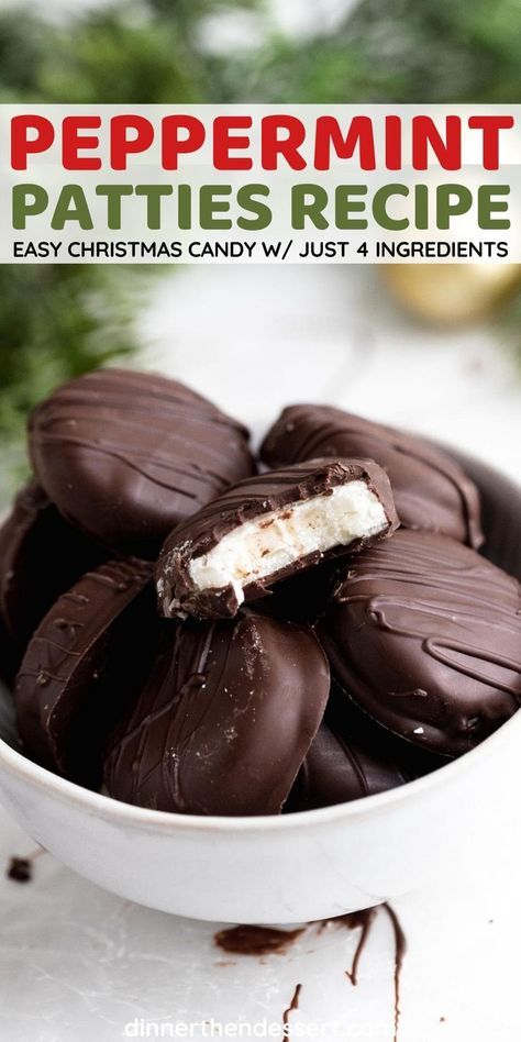 Peppermint Patties are sweet and minty peppermint discs coated in chocolate, and incredibly EASY to make with only 4 ingredients! A perfect Christmas dessert! Peppermint Patties Recipe York, 4 Ingredient Peppermint Patties, Soft Christmas Peppermints, Peppermint Patties Recipe, Peppermint Desserts, Peppermint Patty Recipe, Perfect Christmas Dessert, Peppermint Dessert, Homemade Peppermint Patties