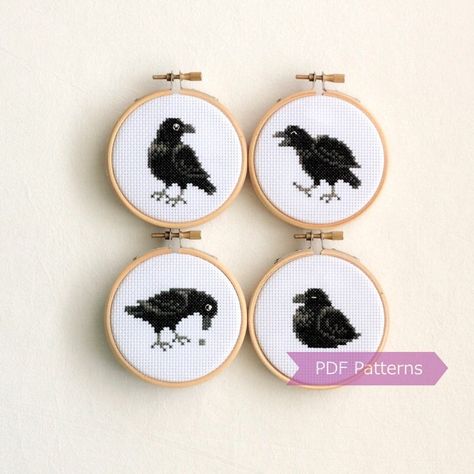 "This bundle includes four crow patterns.  This is a digital item. The PDF files of the patterns will be available for instant download once payment is confirmed. PDF PATTERN INCLUDES + Color photo of finished stitch + Easy-to-read, full-color chart + Black-and-white chart + Horizontally-flipped chart + Charts compatible to Pattern Keeper + List of DMC thread colors PATTERN DETAILS + The sample was stitched using 2 strands on 14-count Aida. The finished product was then framed in a 3-inch hoop. Raven Cross Stitch Pattern Free, Cross Stitch Raven, Small Cross Stitch Patterns Free, Crow Cross Stitch Pattern, Crow Cross Stitch, Mini Cross Stitch Patterns, Black And White Cross Stitch, Tiny Cross Stitch, Subversive Cross Stitch