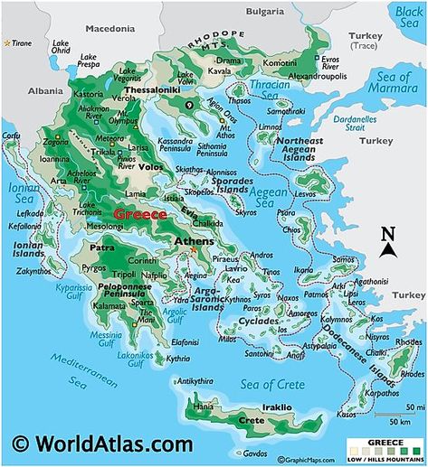 Physical Map of Greece Corinth Canal, Greek Mountains, Map Ideas, Greece Map, Balkan Peninsula, Physical Map, Country Facts, Geography Map, Steam Railway