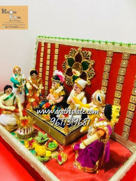 Aarathi plate decoration: Raj's special thread dolls Diy Golu Dolls, Happy Marriage Anniversary Cake, Marriage Anniversary Cake, Happy Marriage Anniversary, Valentines Day Cards Handmade, Wedding Gift Pack, Paper Mache Dolls, Bridal Gift Wrapping Ideas, Wedding Gifts Packaging