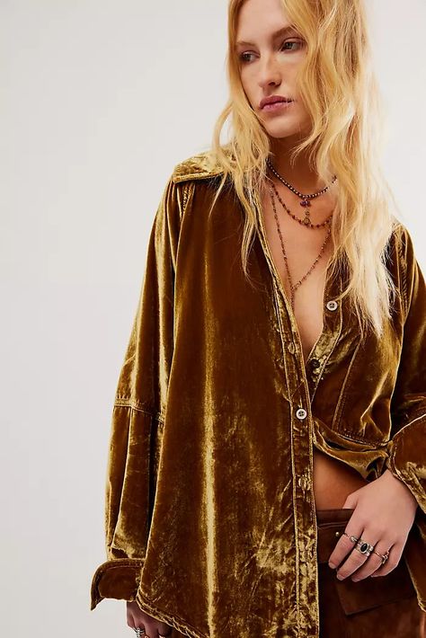 Button Down Shirts | Free People Brown Fits, Velvet Top, Boho Tunics, Henley Top, Oversized Top, Velvet Tops, Striped Tank Top, Night Skies, Boho Outfits