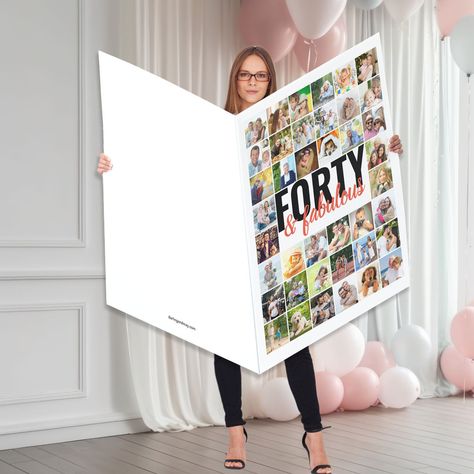 40 Photo Collage for 40 Years Giant 40th Birthday Card | #40thbirthday #40photos #40years #photocollage #createyourown #keepsake #andfabulous #giant #huge #momdadsondaughterfriend Giant Birthday Card, Birthday Photo Album, 40th Birthday Card, 40th Birthday Cards, 40th Birthday Invitations, Cardboard House, Photo Greeting Cards, Brush Script, 40th Birthday Parties