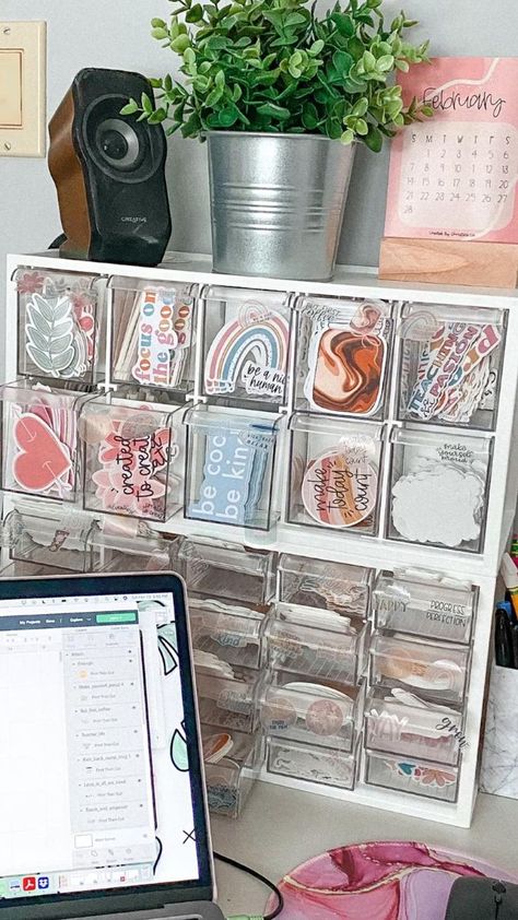 Organization Craft Room, Small Business Office, Business Storage, Sticker Organization, Craft Booth Displays, Small Business Organization, Dream Craft Room, Small Business Packaging Ideas, Craft Room Design