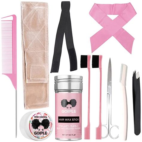 【Wig Making Kit for Beginners】 Full set meet your all needs for your style wigs,1 x wig grip headband, 1 x eyebrow razor, 1 x mini scissor, 1 x tweezer, 1 x pink edge scarf, 1 x 1.06oz edge control wax, 1 x 2.7oz hair wax stick, 1 x rat tail brush, 1 x elastic band, 2 x edge brushes. Wig Kit, Wigs For Beginners, Parting Comb, Hair Wax Stick, Edge Brush, Wax Stick, Edge Scarf, Eyebrow Razor, How To Cut Bangs