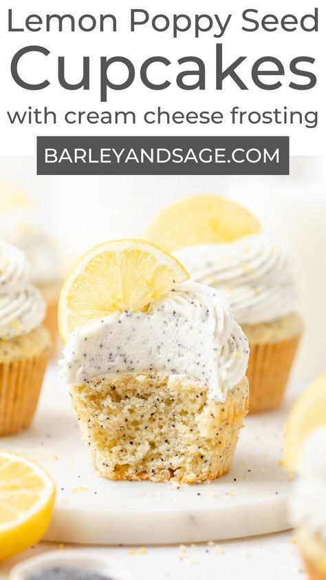 These lemon poppy seed cupcakes have a moist lemony cupcake base filled with poppy seeds and topped with tangy cream cheese frosting! They're the perfect springtime treat! Poppy Seed Cupcakes, Lemon Poppy Seed Cupcakes, Cream Filled Cupcakes, Lemon Cupcake Recipe, Cream Cheese Frosting Cake, Lemon Poppyseed Cake, Citrus Recipes, Poppy Seed Muffins, Cupcakes With Cream Cheese Frosting