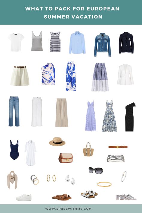 Packing list for capsule wardrobe summer fashion Capsule Wardrobe Summer Travel, Summer Travel Packing List, Summer Travel Capsule, Europe Summer Travel, Travel Capsule Wardrobe Summer, European Summer Vacation, Summer Holiday Outfits, Travel Capsule, Travel Capsule Wardrobe